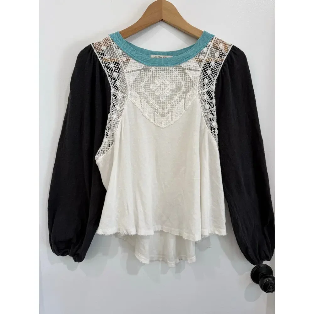 Free People We The Free Electric Night Top Linen Lace Balloon Sleeve Boho Size S